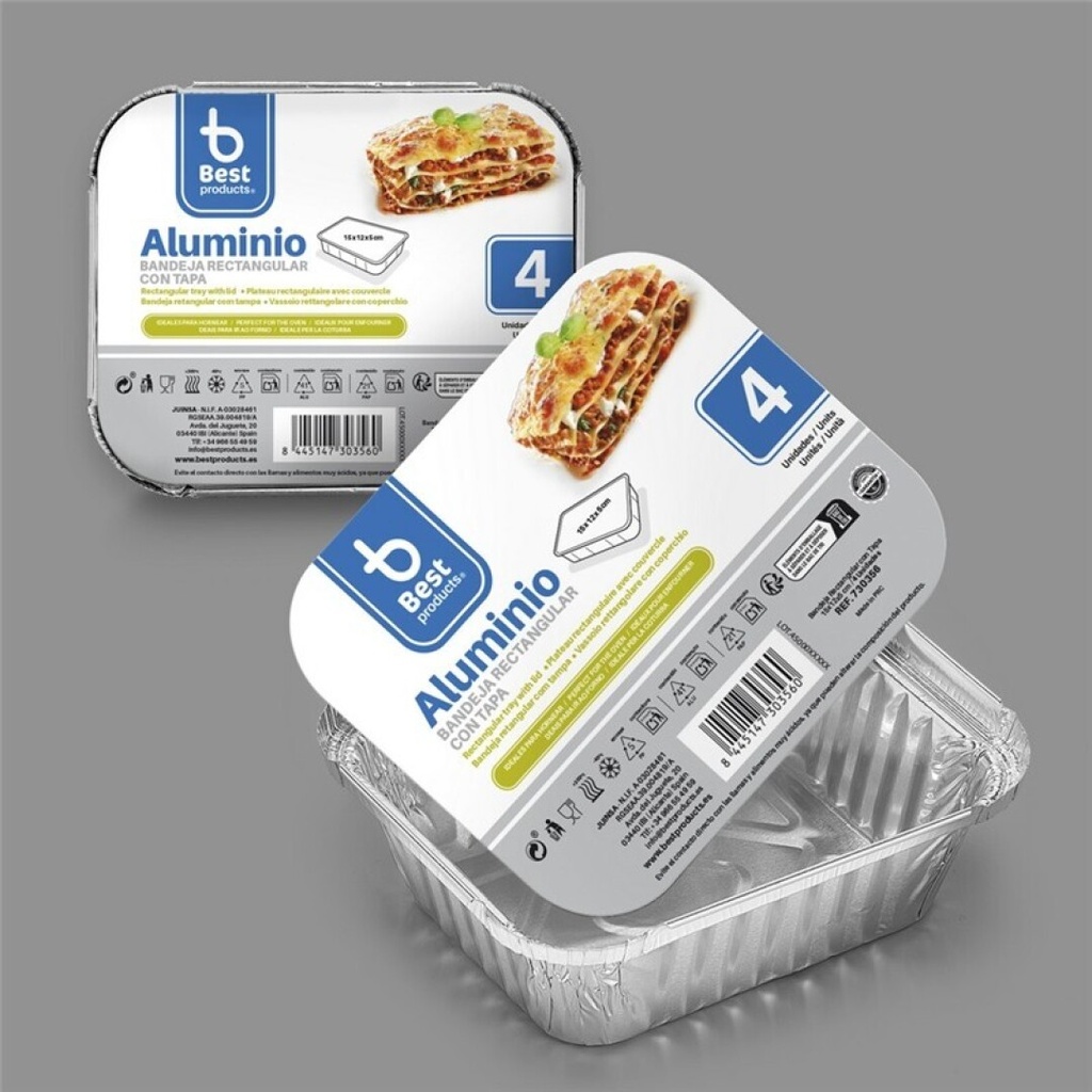 [730356] Bandeja de aluminio rectangular con tapa 15 x 12 x 5 cm – Pack 4 uds