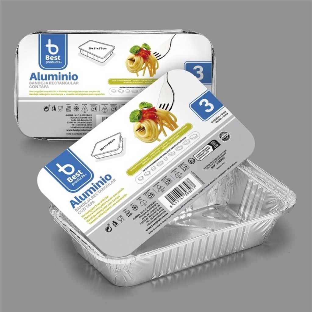 [730357] Bandeja de aluminio rectangular con tapa 20 x 11 x 5,50 cm – Pack 3 uds