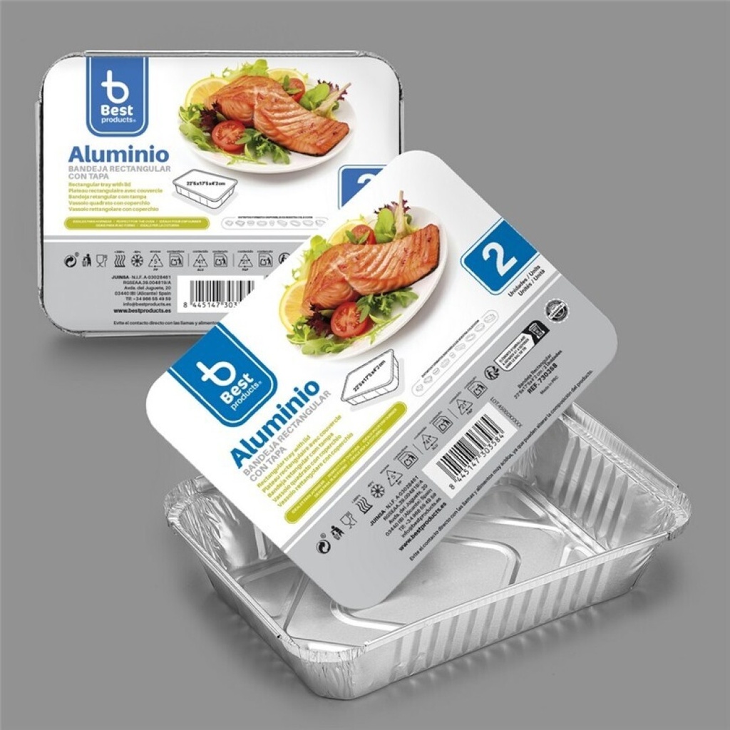 [730358] Bandeja de aluminio rectangular con tapa 22,50 x 17,50 x 4,20 – Pack 2 uds