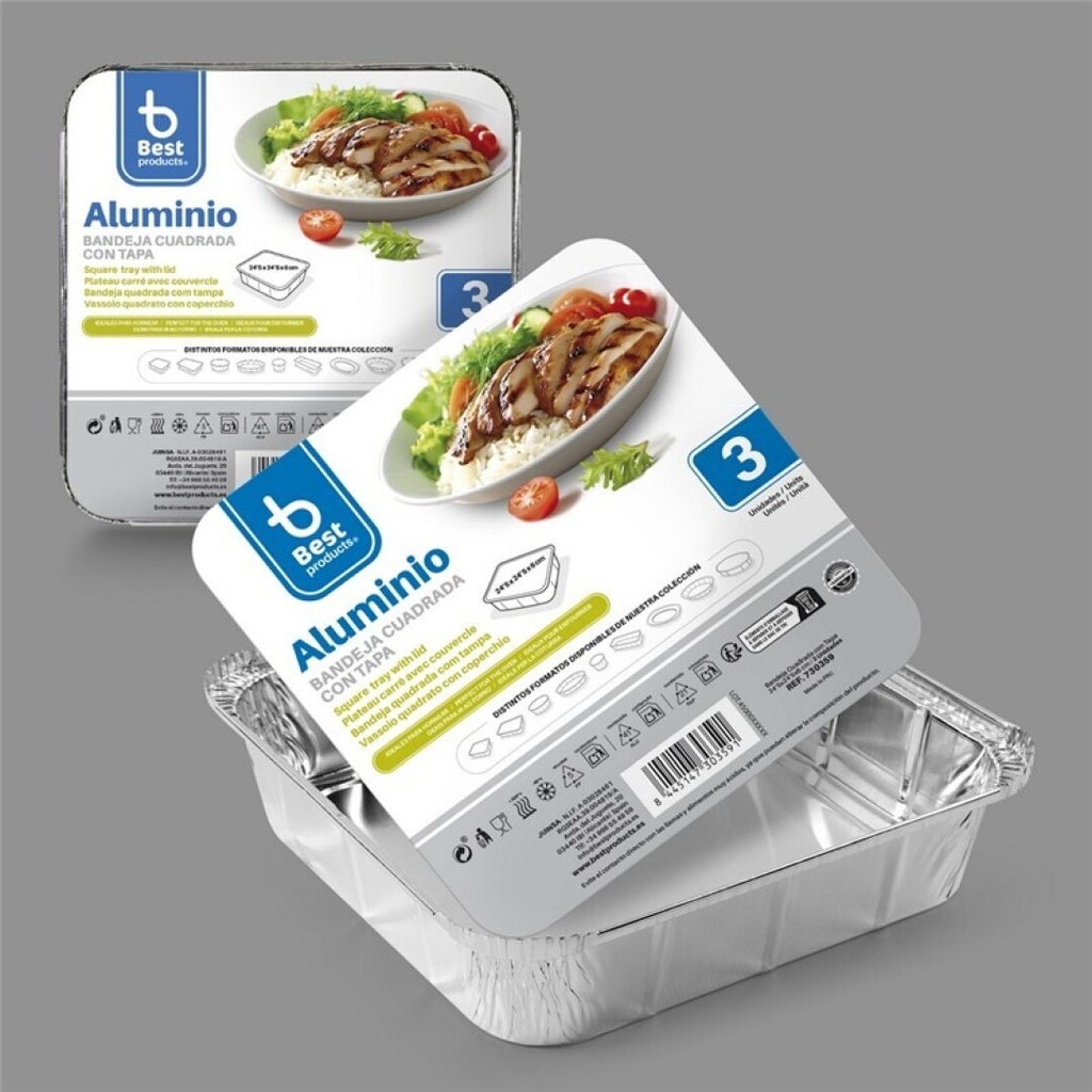 [730359] Bandeja de aluminio cuadrada con tapa 24,50 x 24,50 x 6 cm – Pack 3 uds