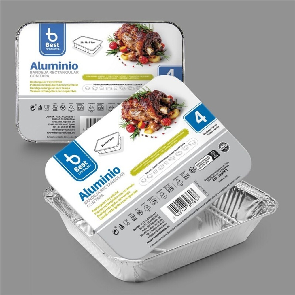 [730360] Bandeja de aluminio rectangular con tapa 26 x 19 x 6,30 cm – Pack 4 uds