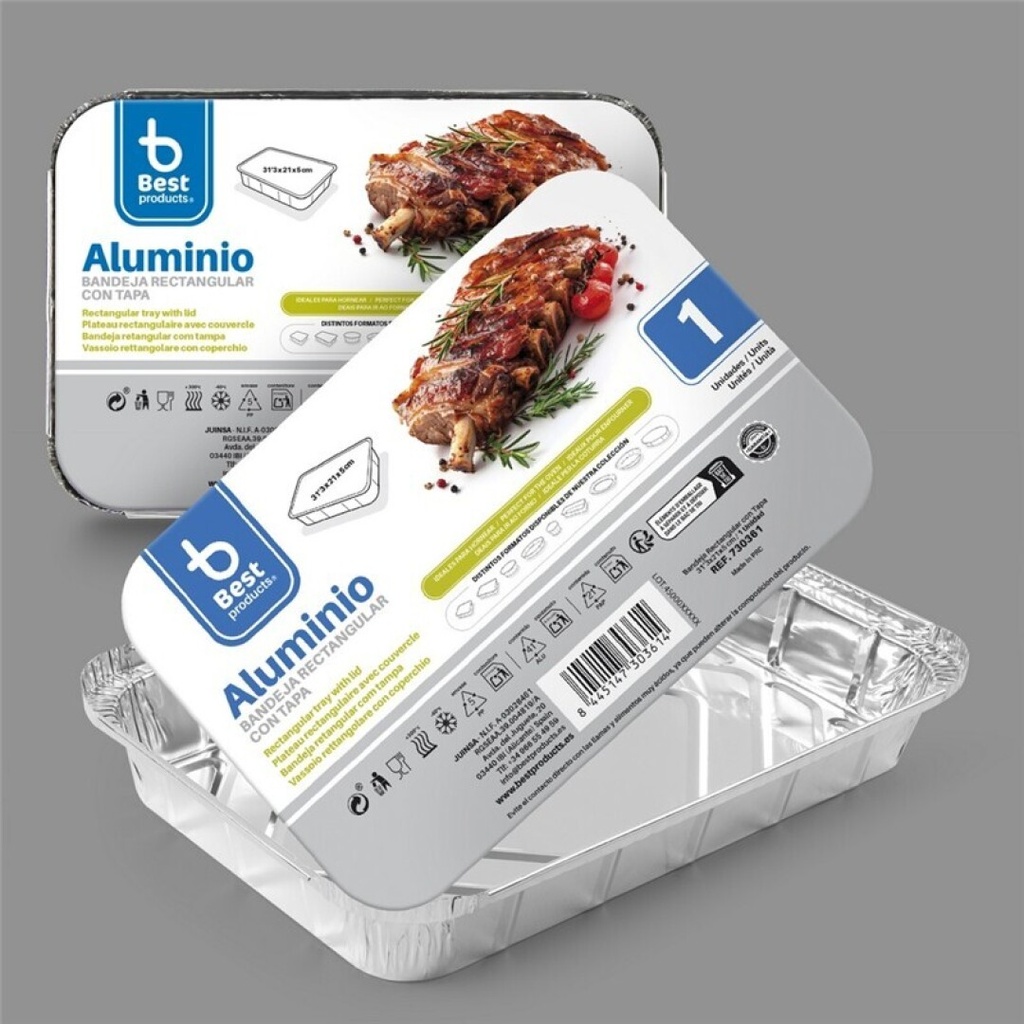 [730361] Bandeja de aluminio rectangular con tapa 31,30 x 21 x 5 cm – Pack 1 uds