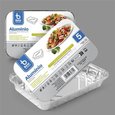 [730362] Bandeja de aluminio rectangular con tapa 31,30 x 21 x 5 cm – Pack 5 uds