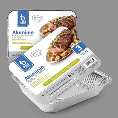 [730364] Bandeja de aluminio rectangular con tapa 32,30 x 25,80 x 6,30 – Pack 3 uds