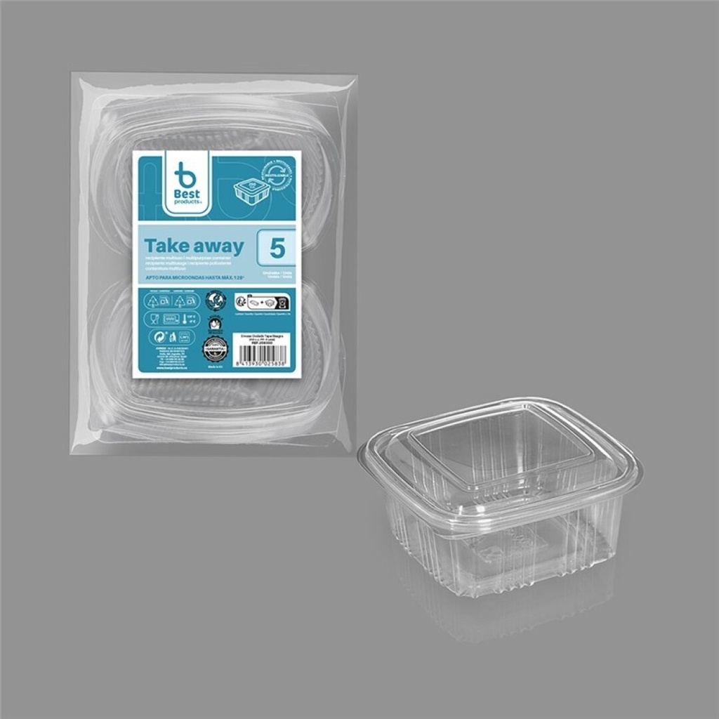 [258300] Envase con tapa bisagra 250 cc PP apto microondas – Pack 5 uds