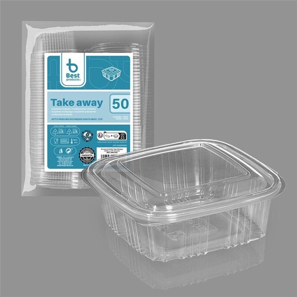 [260100] Envase con tapa bisagra 2000 cc PP – Pack 50 uds