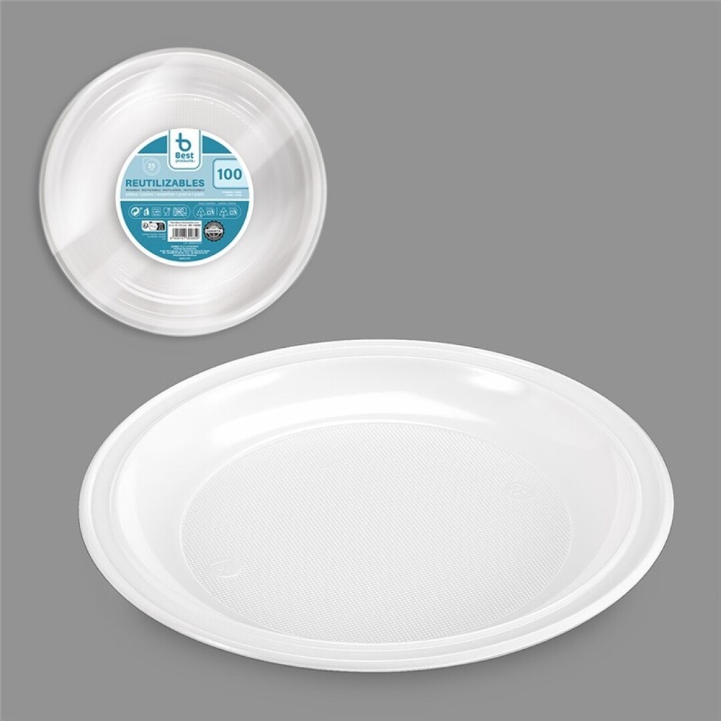 Plato reutilizable. blanco llano 25 cm s/100 plato blanco reutilizable llano 25 cm – Caja 8 packs x 100 uds (800 uds)