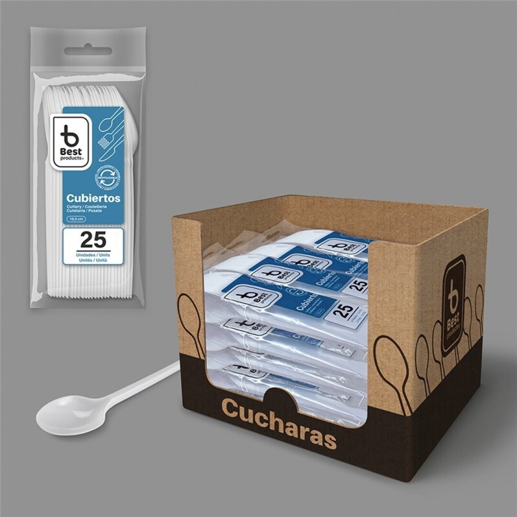 Cuchara reutilizable 16,5 cm PS caja display – Caja 100 packs x 25 uds (2500 uds)