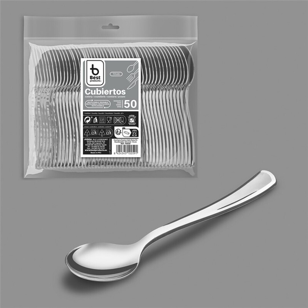 Cuchara postre-café plata reutilizable 13 cm – Caja 20 packs x 50 uds (1000 uds)