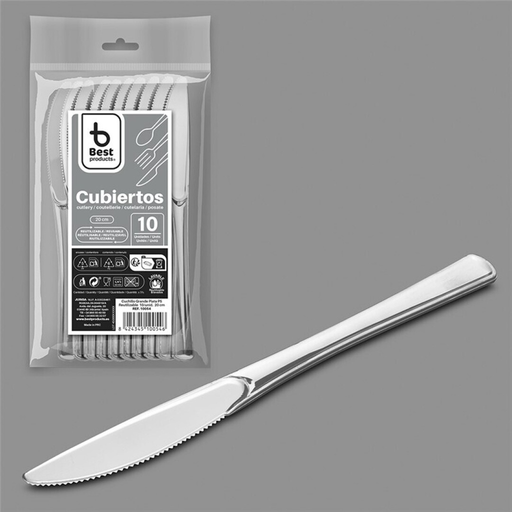 Cuchillo grande plata reutilizable 20 cm – Caja 60 packs x 10 uds (600 uds)
